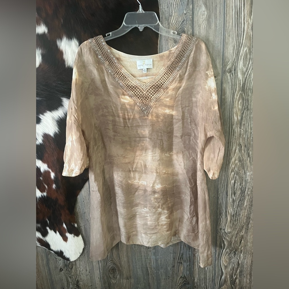 Belle France size medium silk 3/4 sleeve tunic blouse brown & tan tie dye